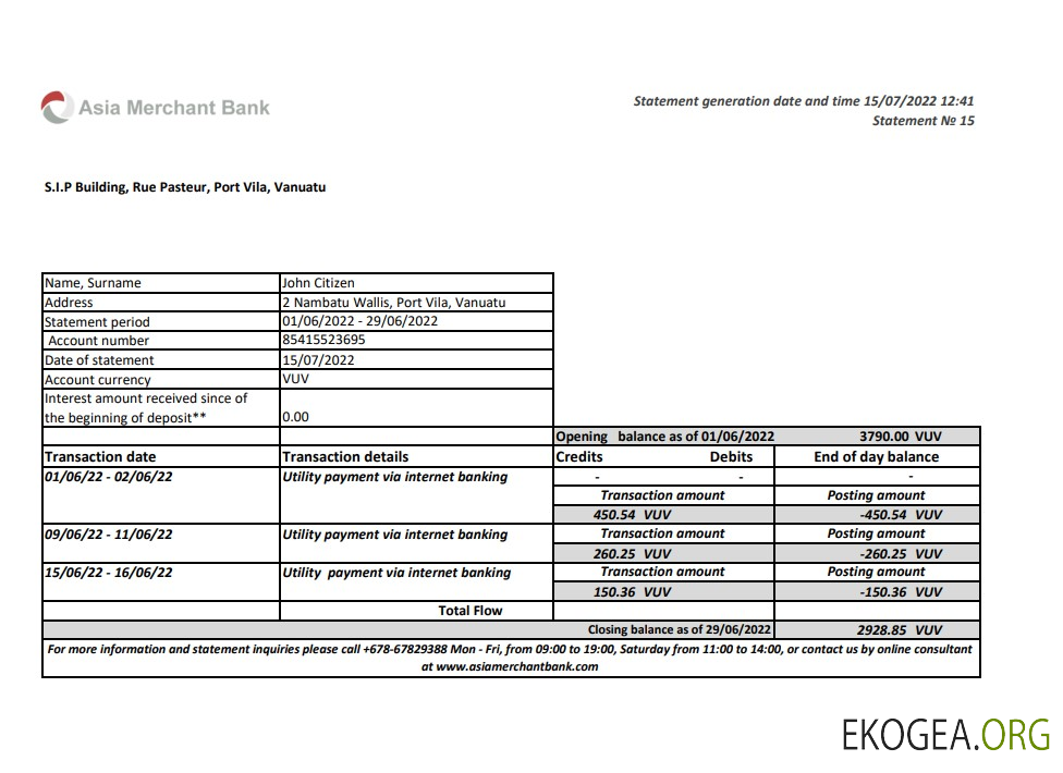 Relevé de banque marchande de Vanuatu Asie